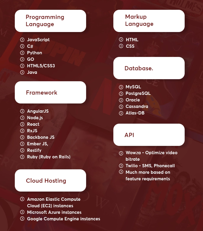 technology stack for developing a video streaming website 